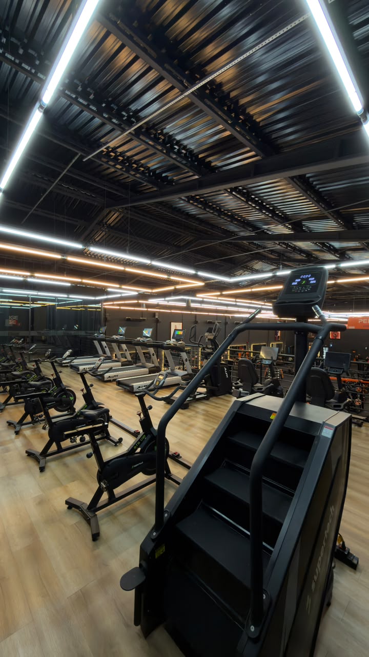 Setor de cardio com esteiras ALLFIT, bikes e escadas ergométricas com sinalização CARDIO