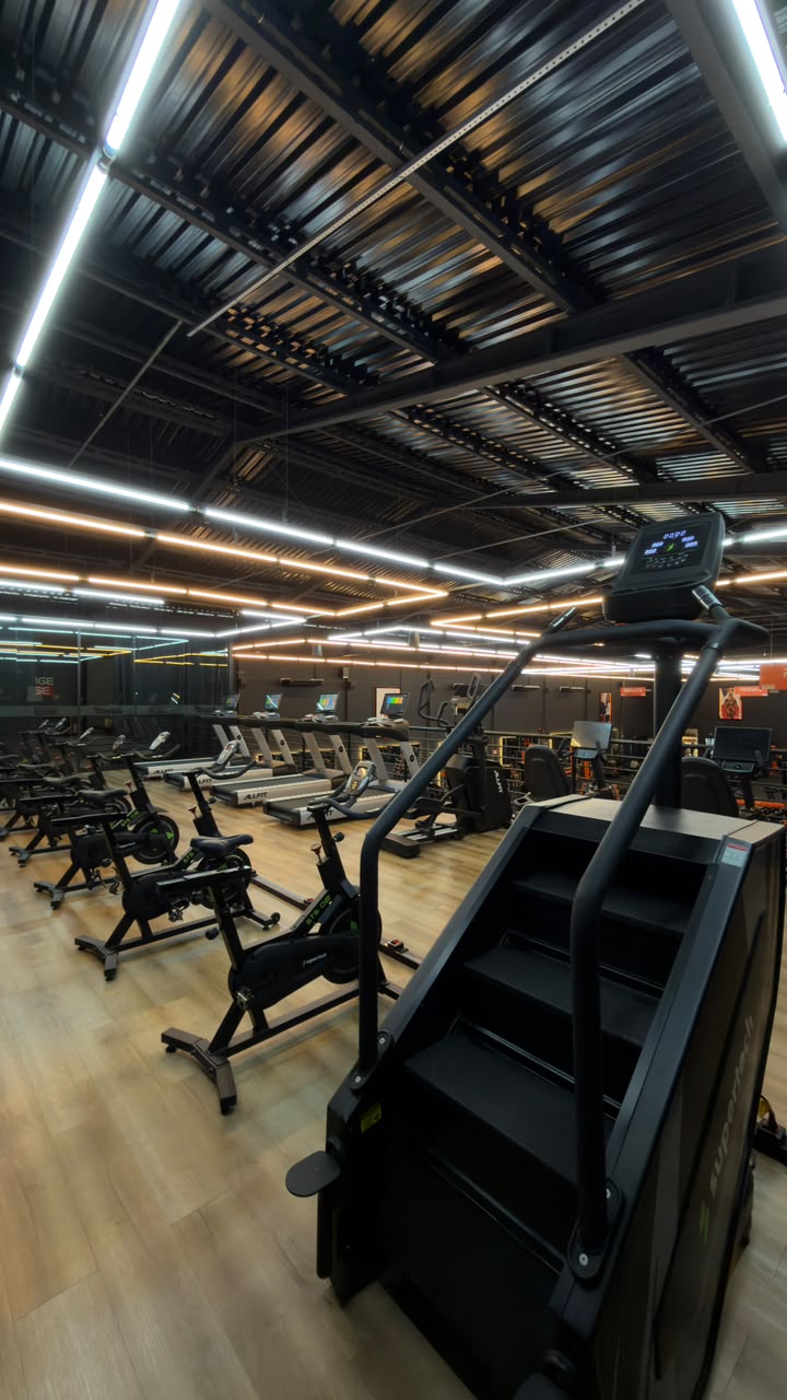 Área de cardio com bikes, elípticos e esteiras sob luminárias em zigue-zague
